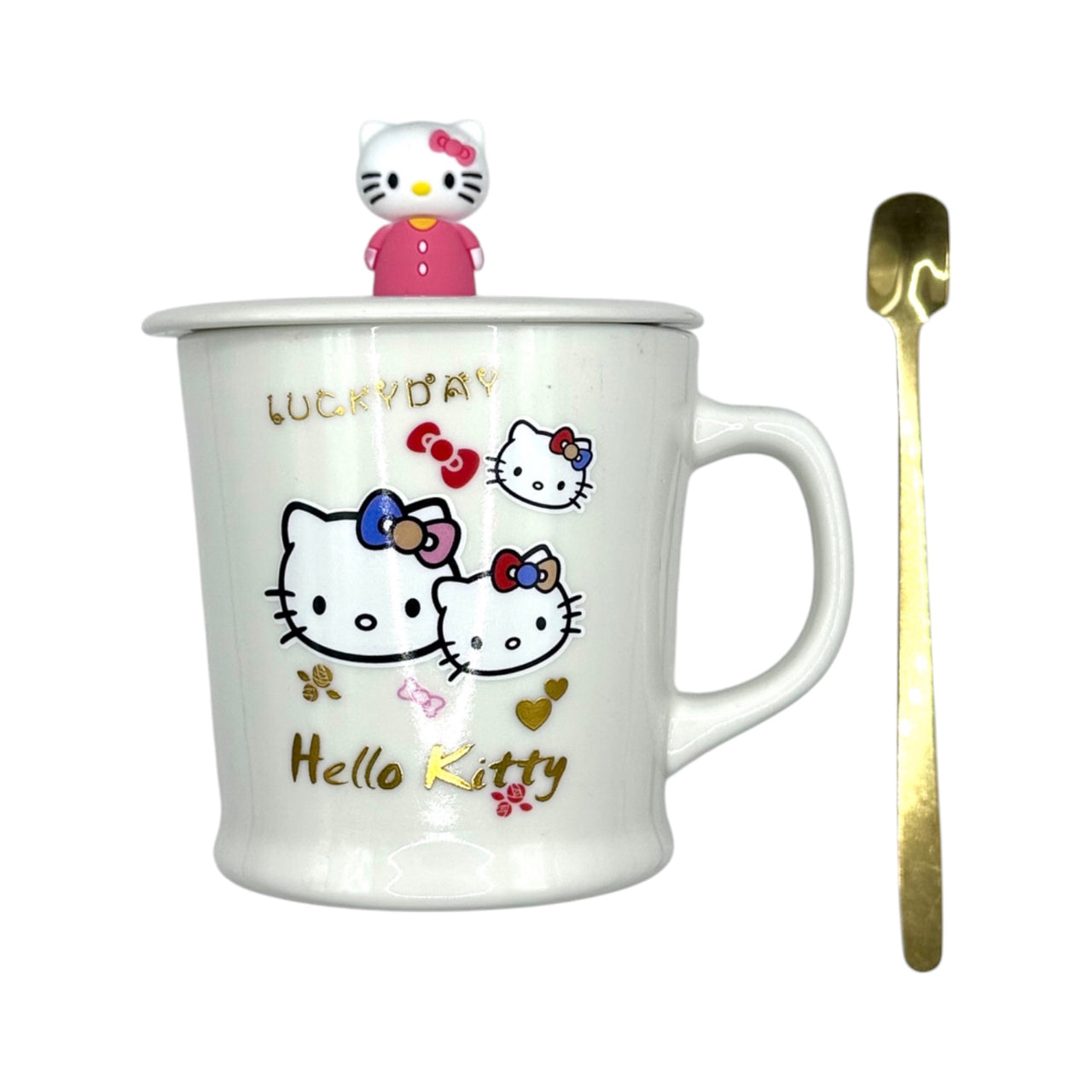 Taza de cerámica de Hello Kitty con tapa y cuchara