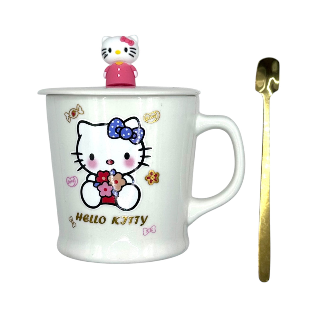 Taza de cerámica de Hello Kitty con tapa y cuchara
